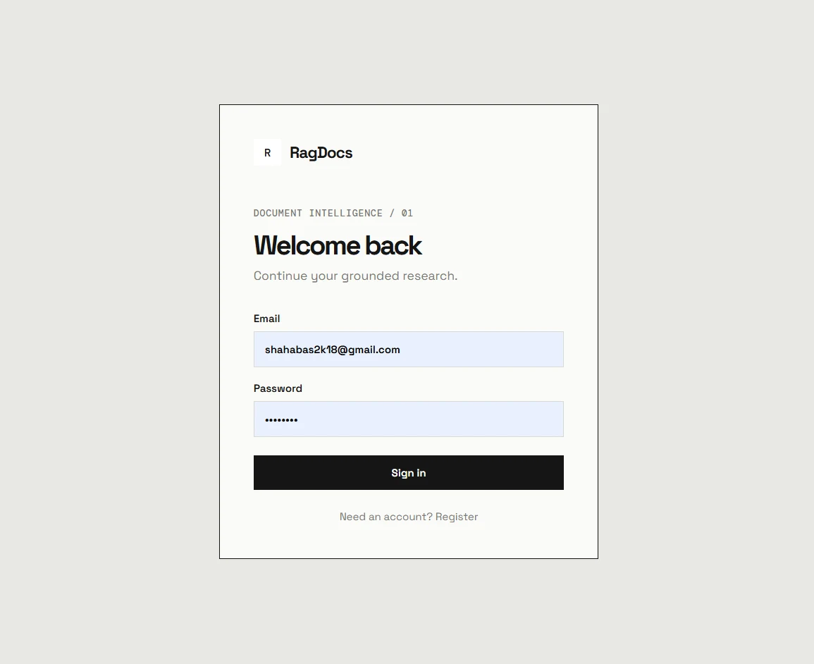 RAGDocs sign-in interface with email and masked password fields