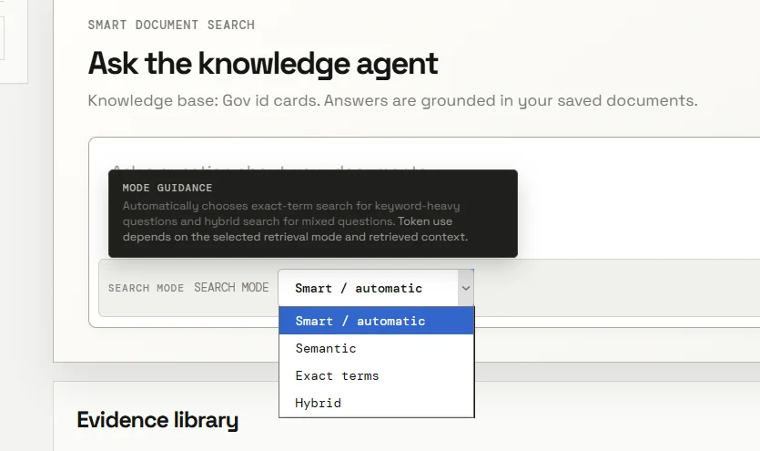 RAGDocs search-mode menu showing Smart, Semantic, Exact terms, and Hybrid options