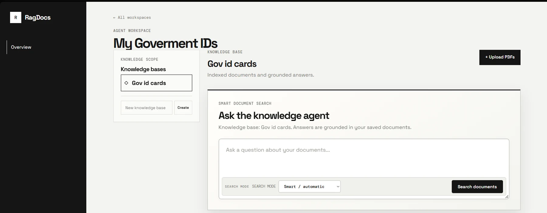 RAGDocs document search interface with a knowledge-base scope, upload control, and selectable retrieval mode
