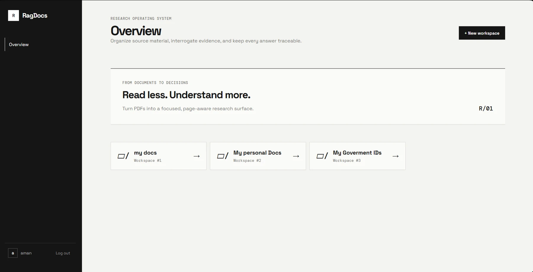 RAGDocs overview with separate workspace cards for document collections